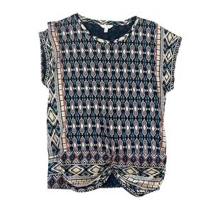 Lucky Brand Print Top - Geometric, Knotted, Cap Sleeve‎ - Size S